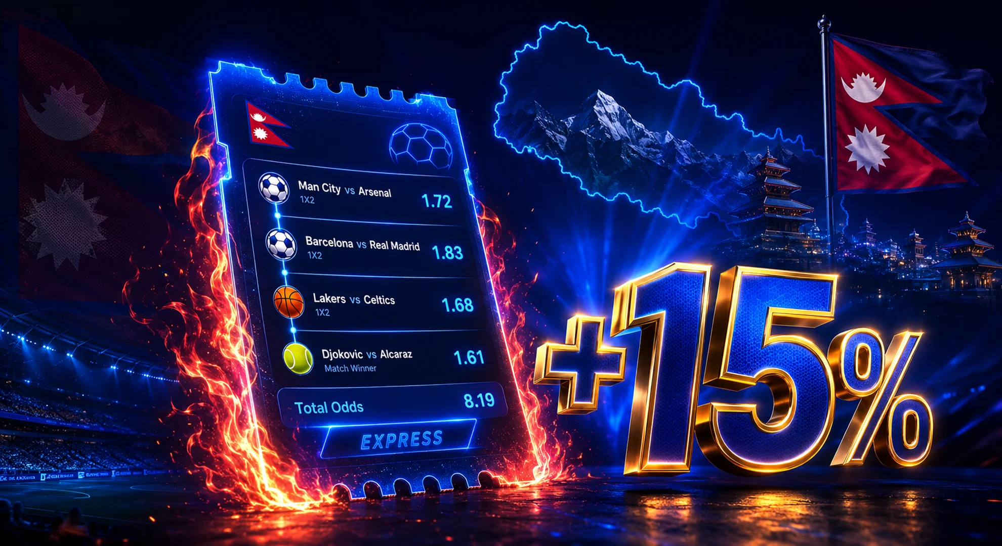 1win-casino-express-bonus-multiplier.webp Glowing neon express bet slip showing sports events linked with a 3D plus fifteen percent bonus sign