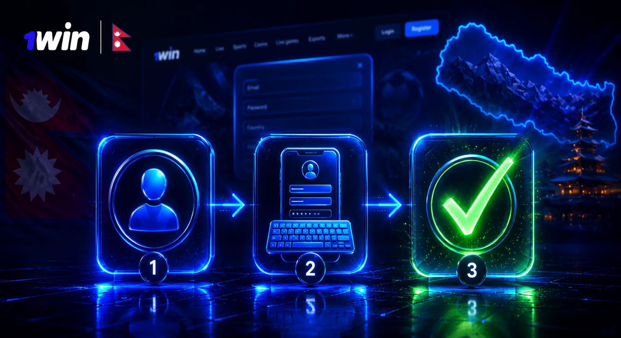 1win-nepal-account-registration-steps.webp Three glowing icons showing registration steps with a profile symbol, data input, and a green checkmark