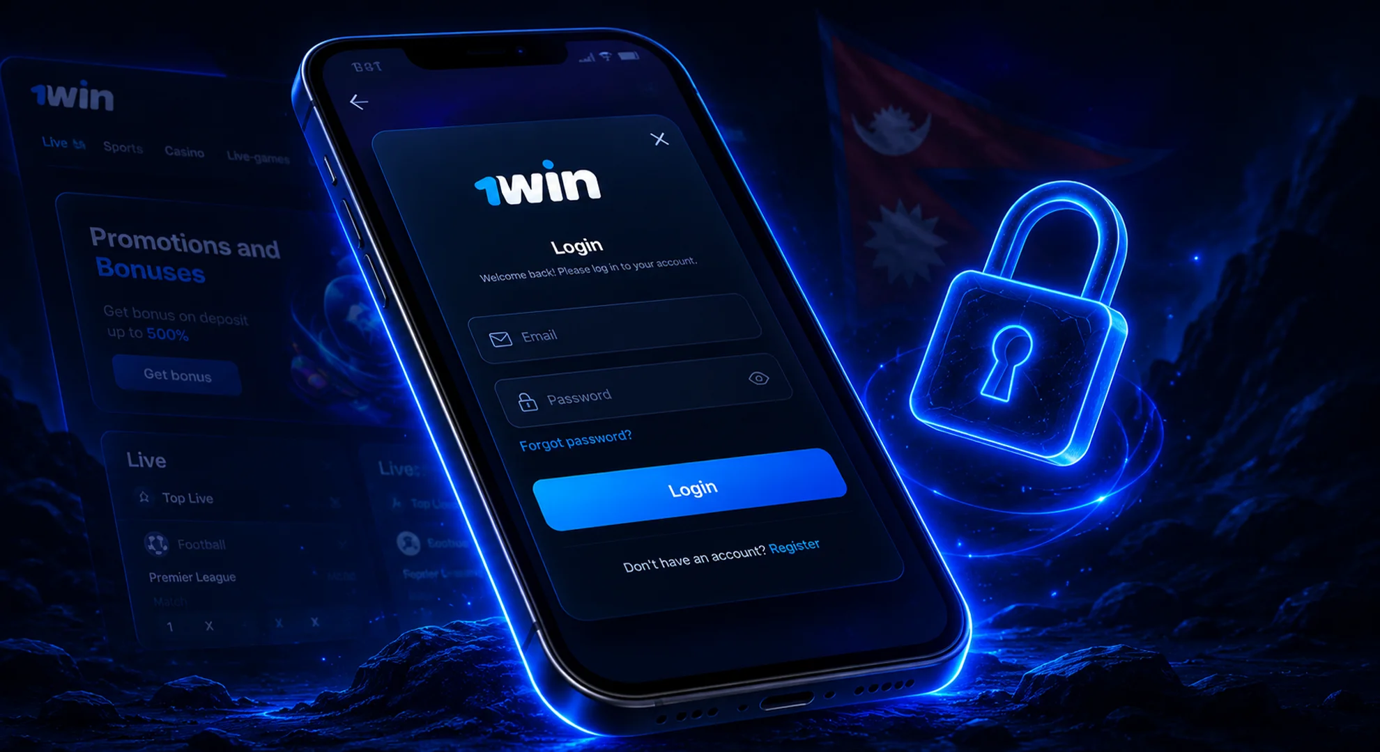 1win-official-account-login-interface.webp Isometric smartphone displaying the 1win login form with email, password fields, and a secure lock icon
